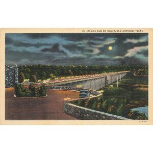 Postcard Olmos Dam by Night San Antonio Texas Vintage Linen Unposted 1930-1950